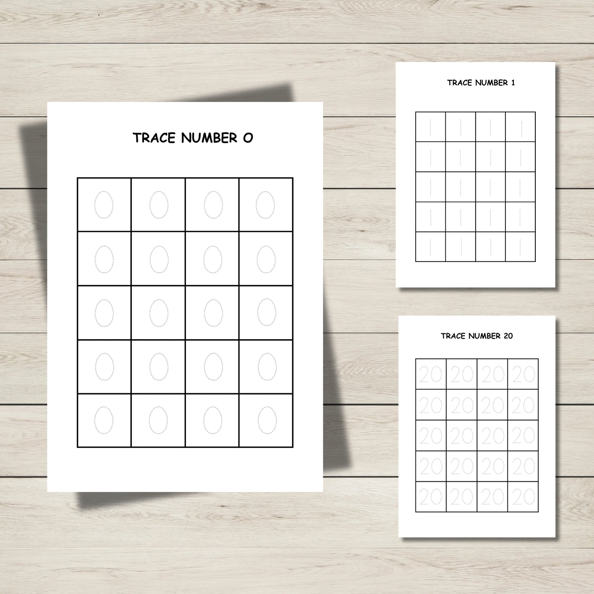 Printable numeral tracing worksheets for Numbers 0–20 to help early learners with number formation and number recognition.