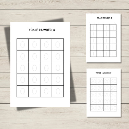 Printable numeral tracing worksheets for Numbers 0–20 to help early learners with number formation and number recognition.