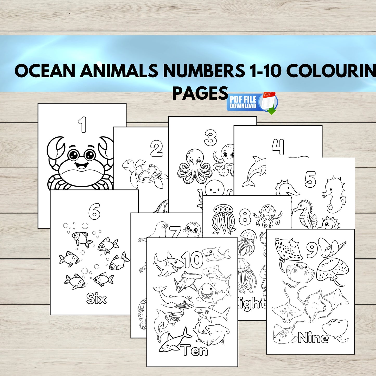 Ocean animals colouring pages 1-10 printable.