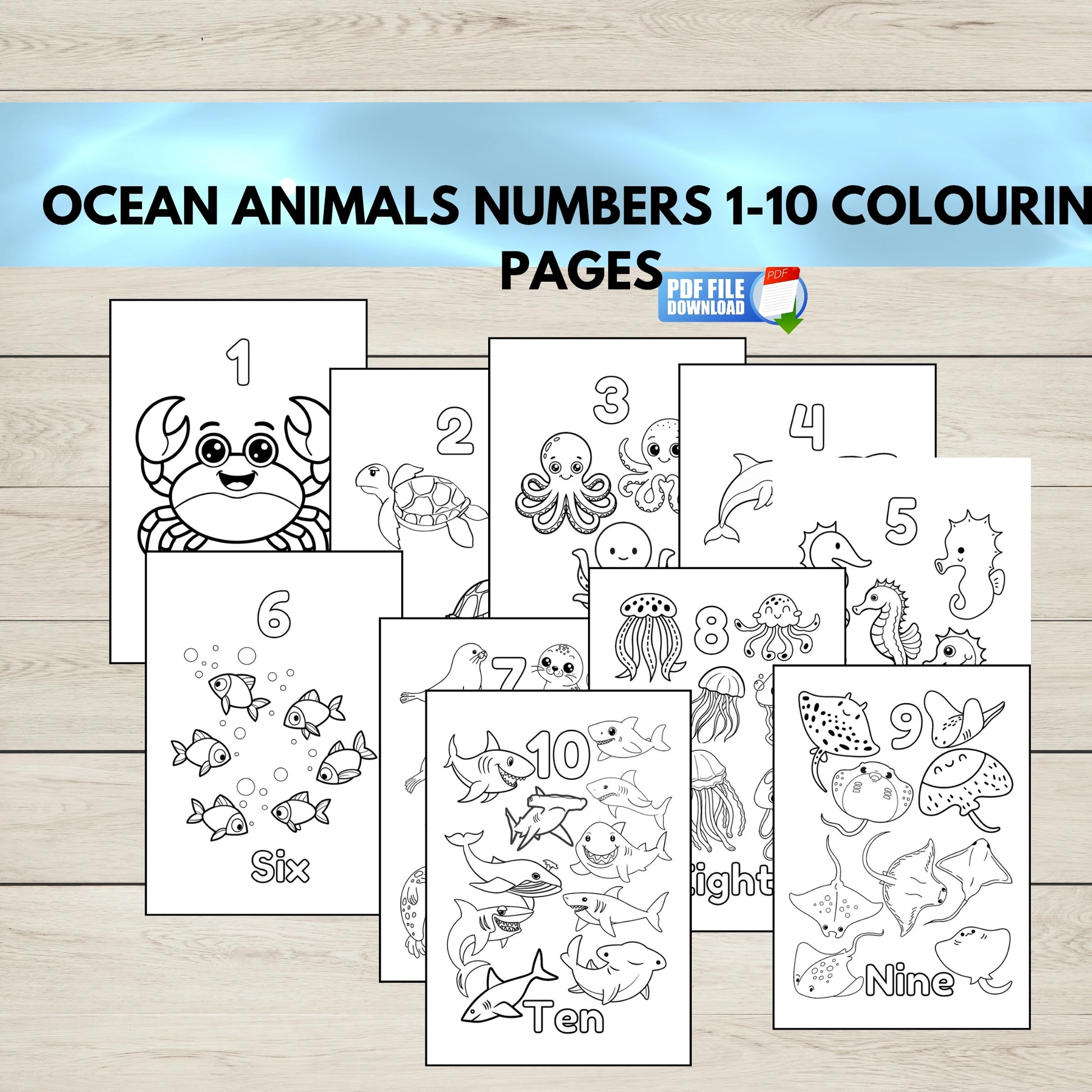 Ocean animals colouring pages 1-10 printable.