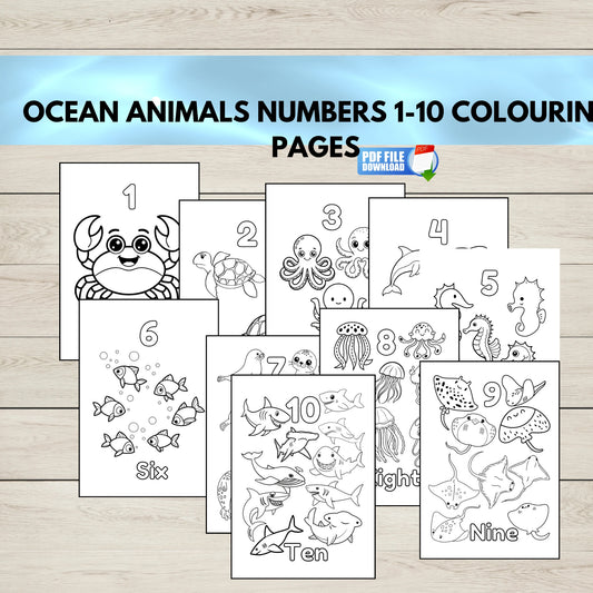 Ocean animals colouring pages 1-10 printable.