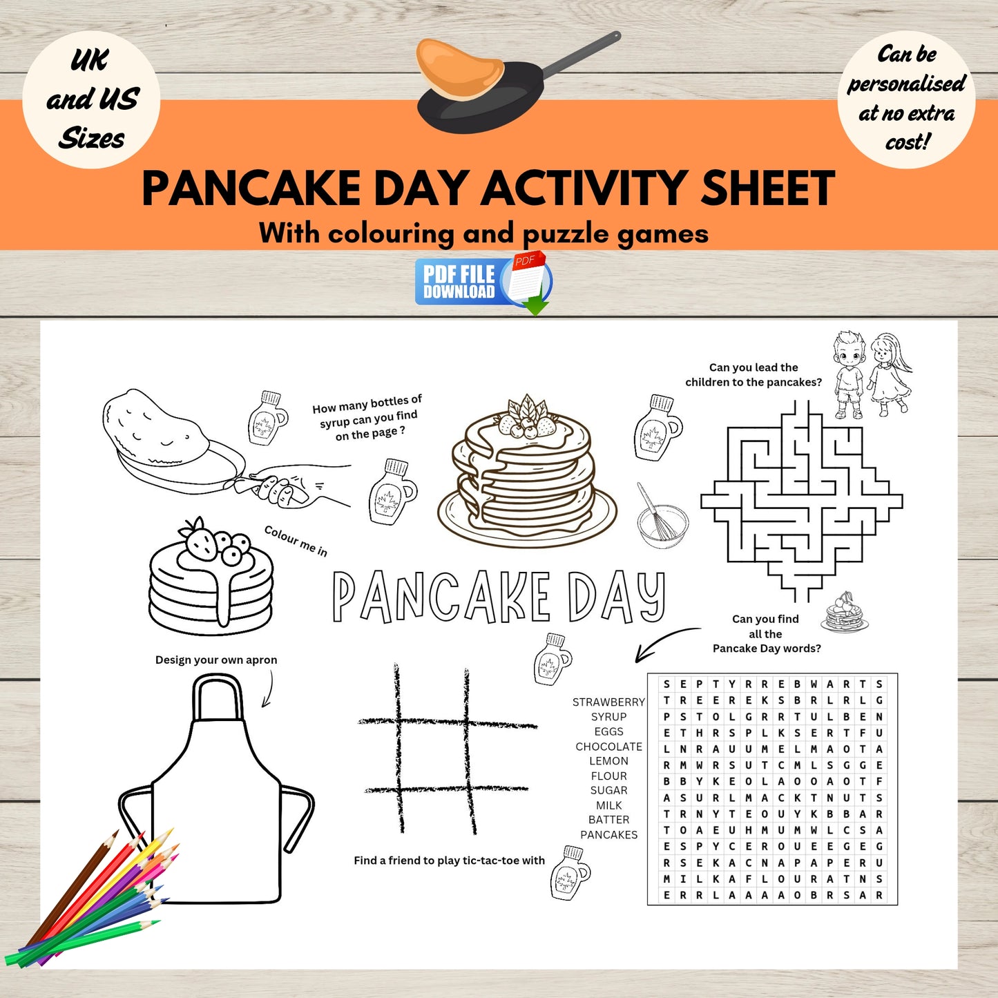 Printable Pancake Day activity sheet for kids  with colouring and puzzles for Shrove Tuesday.
