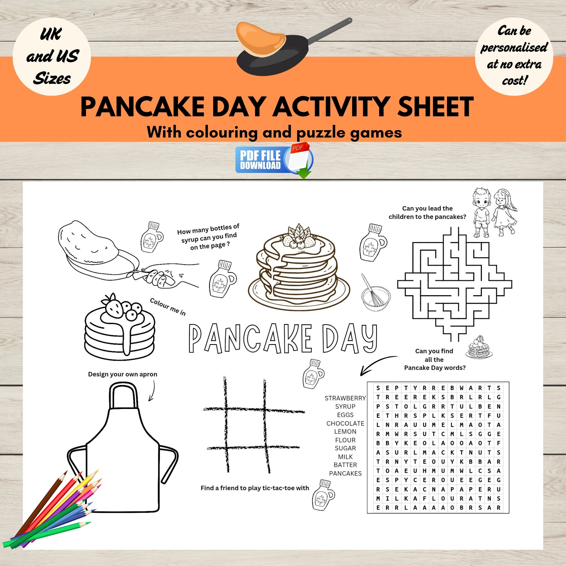 Printable Pancake Day activity sheet for kids  with colouring and puzzles for Shrove Tuesday.