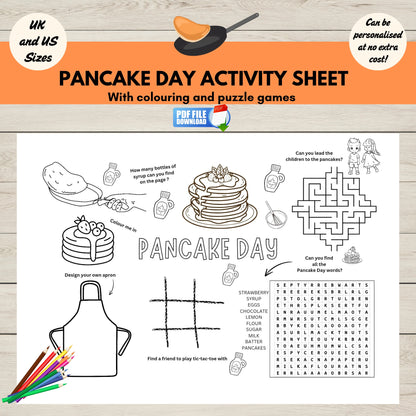 Printable Pancake Day activity sheet for kids  with colouring and puzzles for Shrove Tuesday.