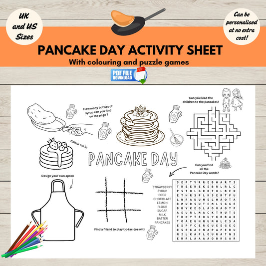 Printable Pancake Day activity sheet for kids  with colouring and puzzles for Shrove Tuesday.