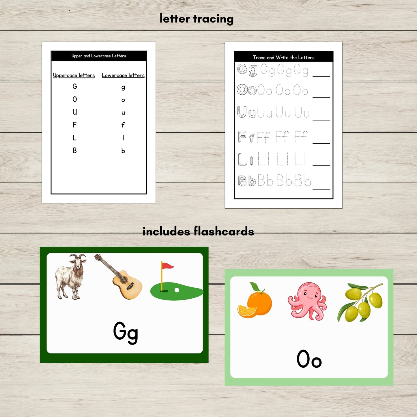 Printable Phonics Group 3 GOULFB Letter Tracing Activity Sheets and Flashcards.