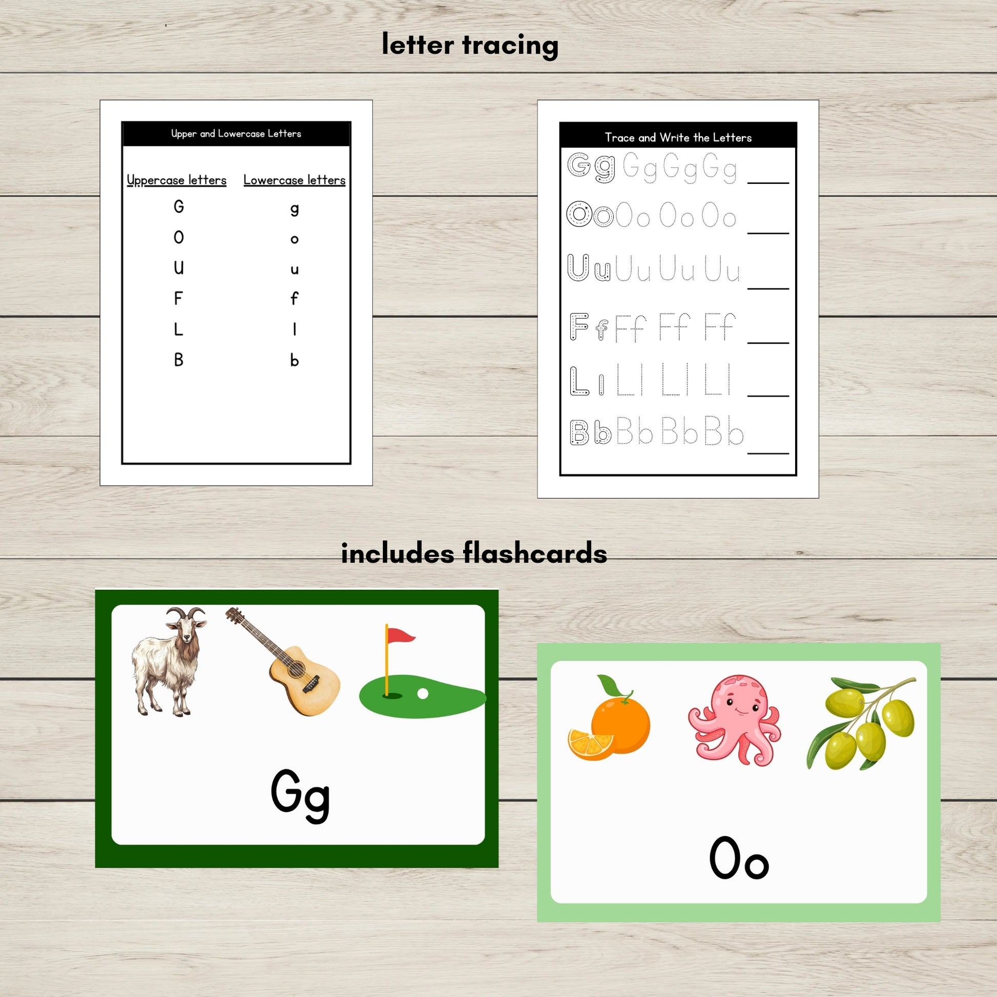 Printable Phonics Group 3 GOULFB Letter Tracing Activity Sheets and Flashcards.