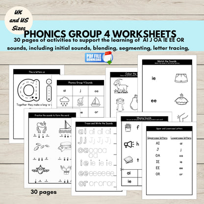 Set of phonics worksheets for learning AI, J, OA, IE, EE, OR sounds.