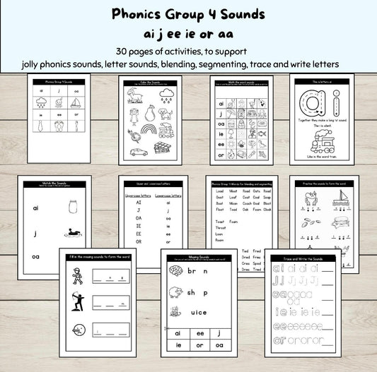 A set of jolly phonics group 4 worksheets PDF.