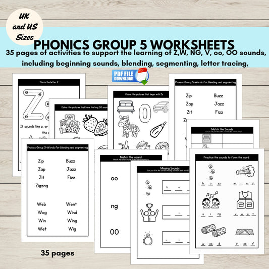 Printable Group 5 phonics worksheets pack with Z W NG V OO sound activities, tracing, blending and flashcards.
