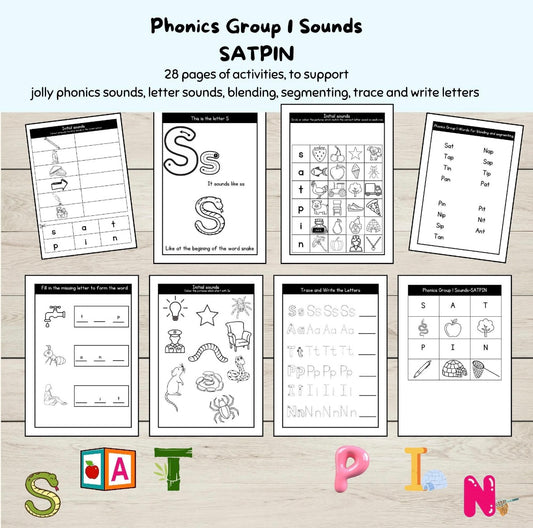 A set of printable phoincs worksheets for the sounds SATPIN.