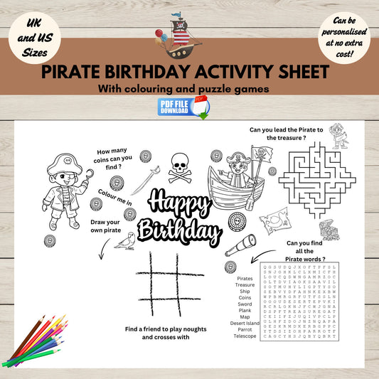 Instant download pirate activity and colouring sheet for kids. Perfect for birthday parties or classroom use