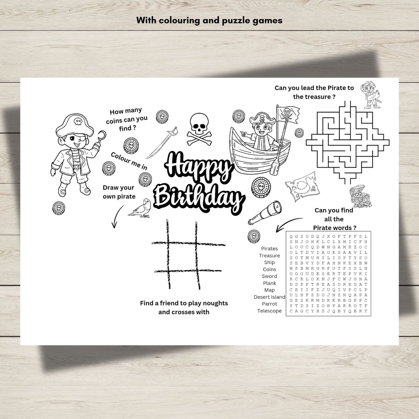 Pirate-themed colouring and puzzle sheet.
