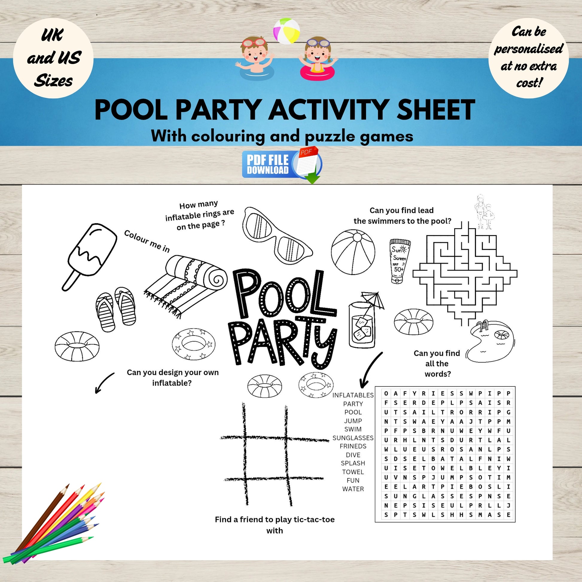 A printable pool-themed activity sheet for kids.