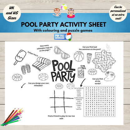 A printable pool-themed activity sheet for kids.