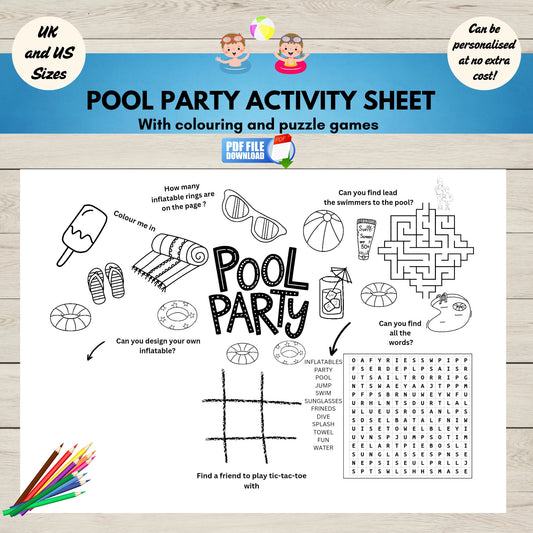 A printable pool-themed activity sheet for kids.