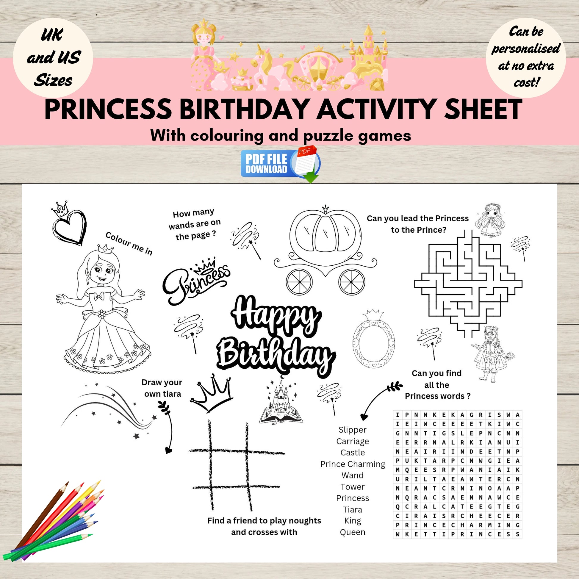 Kids' printable princess colouring and puzzle sheet for party table entertainment.