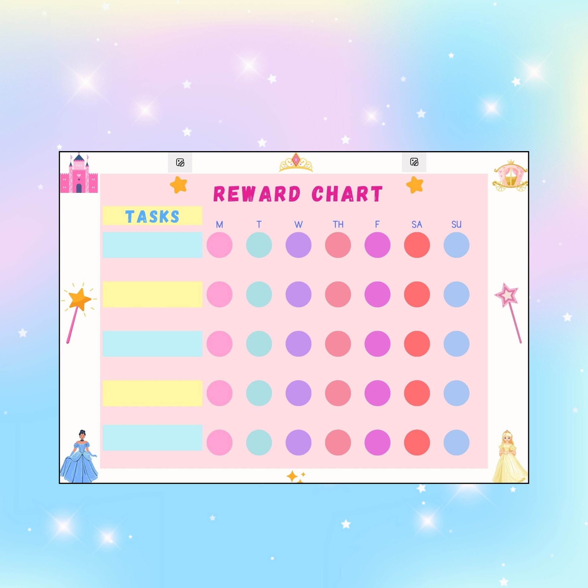 Reusable children's princess chore chart for home, preschool, or homeschooling. Write the tasks on yourself.