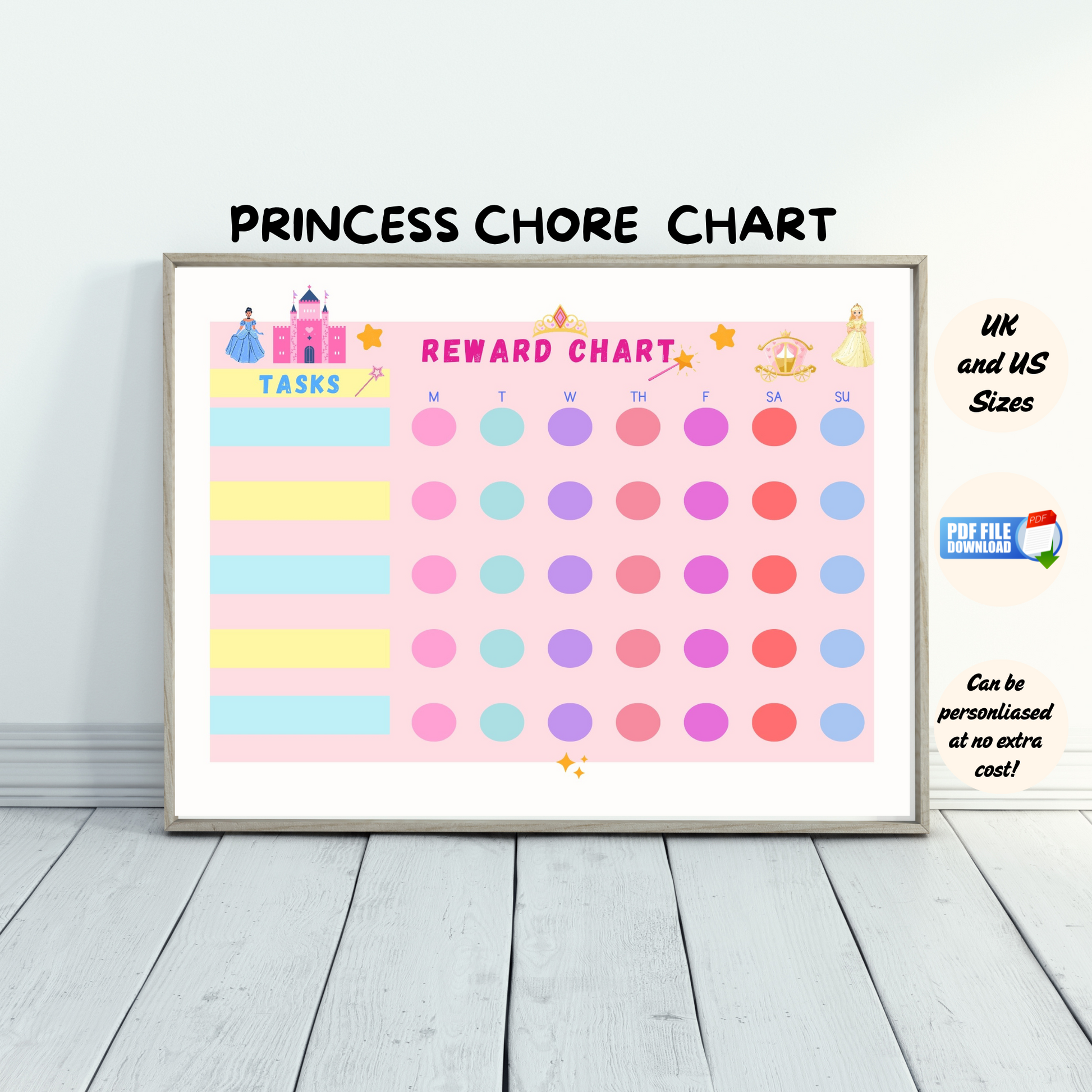 A kids daily chore chart with princess theme.