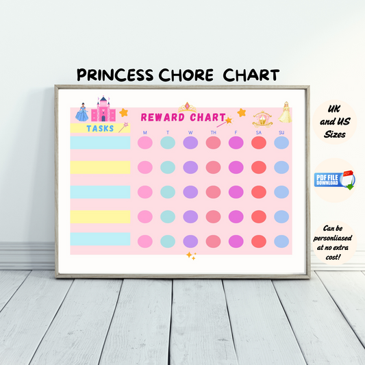 A kids daily chore chart with princess theme.