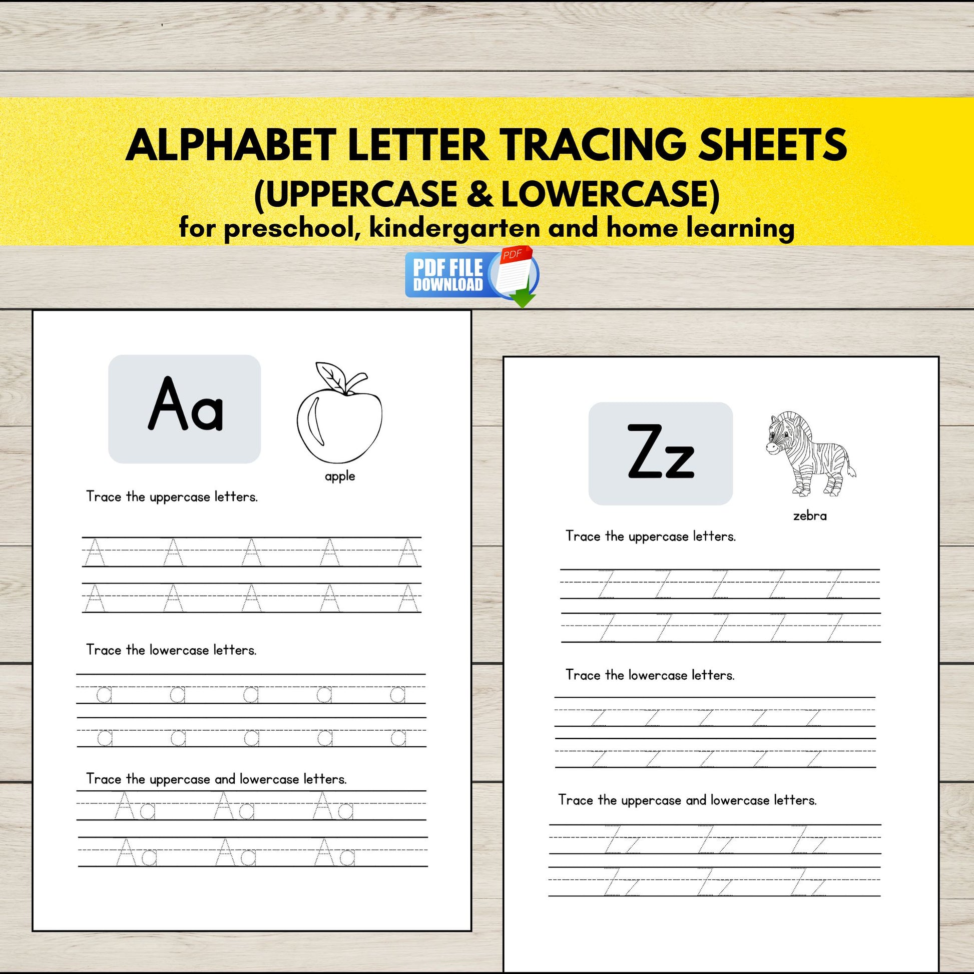 Printable Alphabet Letter Tracing PDF for Early Learners – Uppercase & Lowercase A–Z Worksheets.