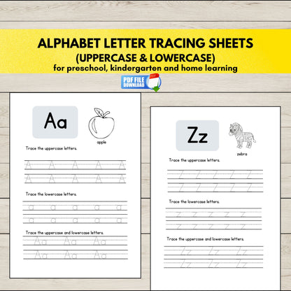 Printable Alphabet Letter Tracing PDF for Early Learners – Uppercase & Lowercase A–Z Worksheets.