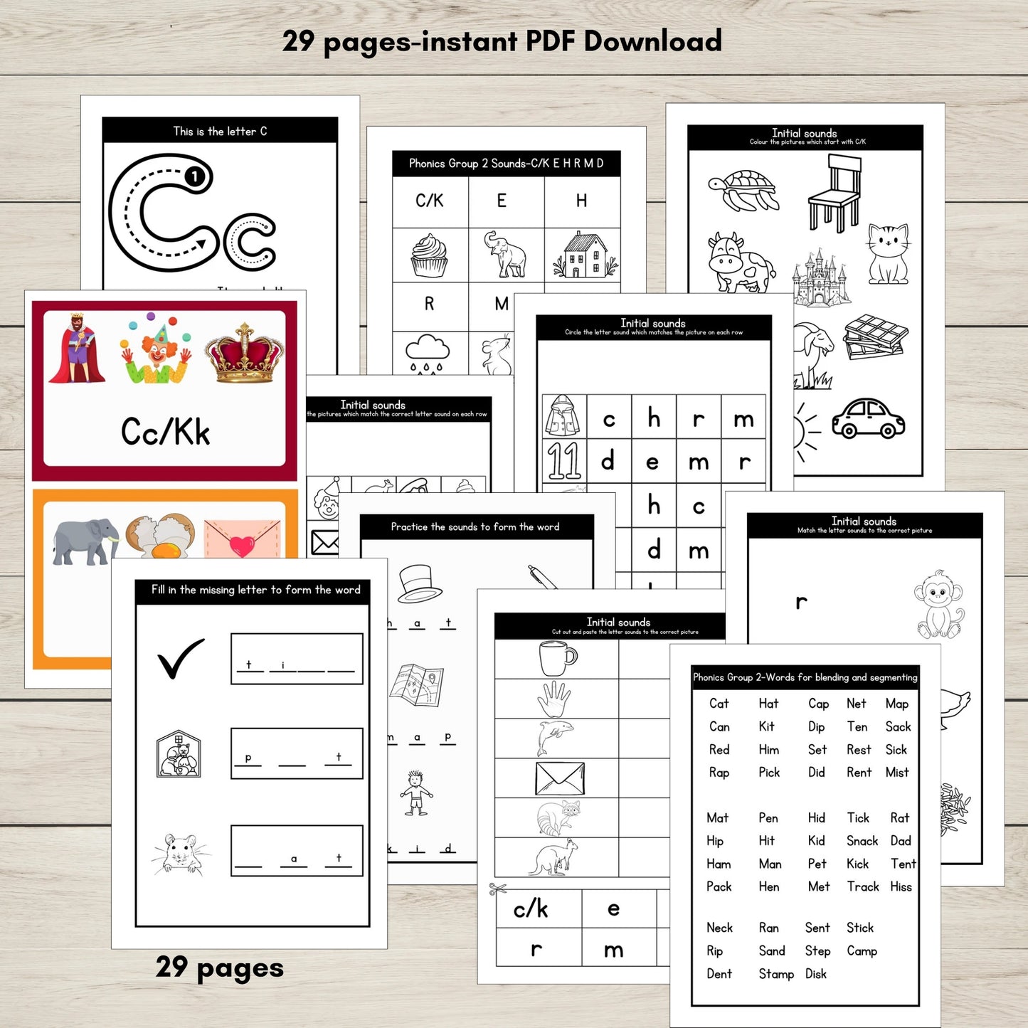 Printable set of 29 phonics worksheets for CKEHRMD phonics group 2 sounds. 