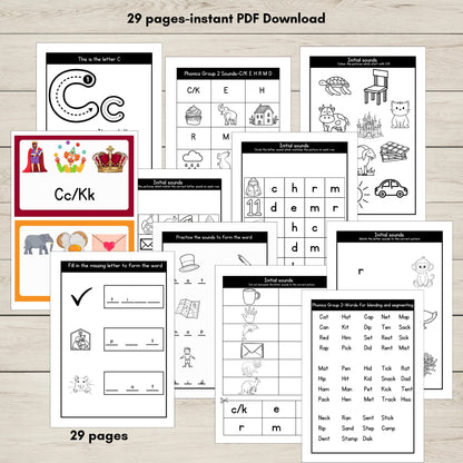 Printable set of 29 phonics worksheets for CKEHRMD phonics group 2 sounds. 