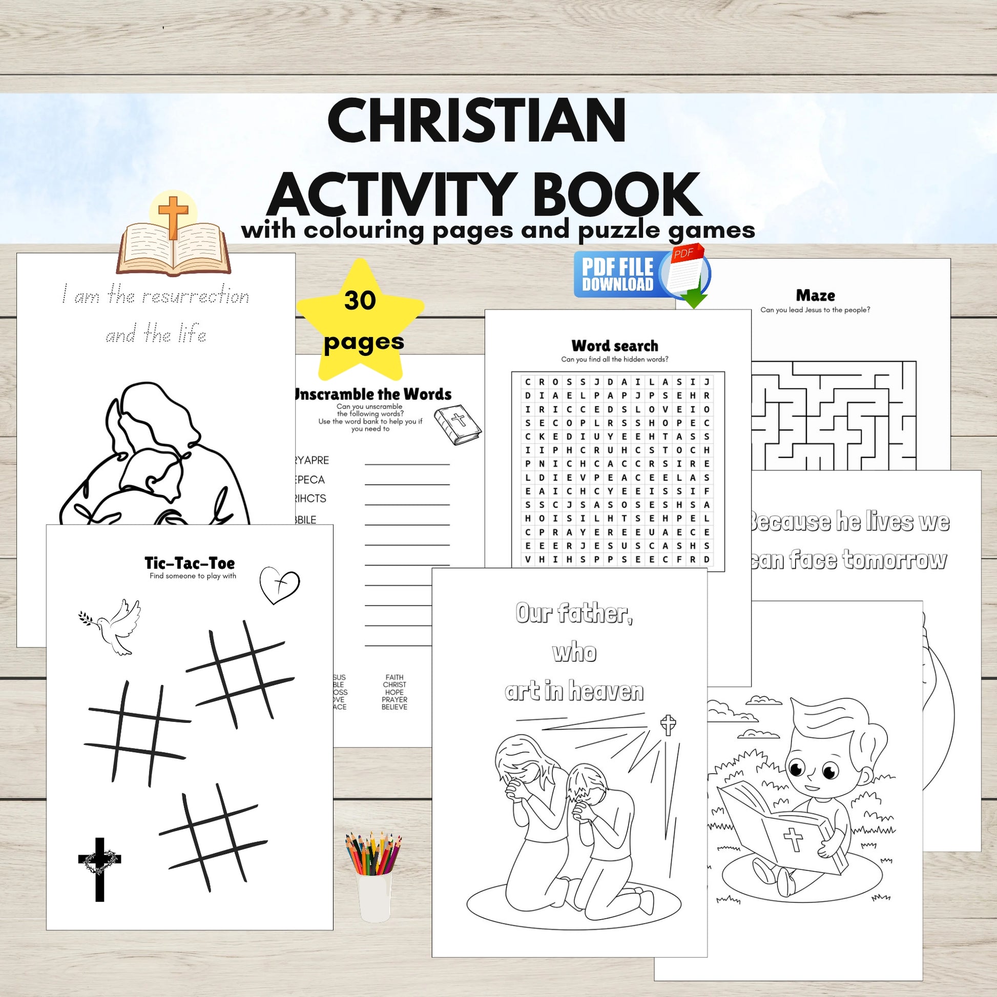 A printable Christian activity book for kids with colouring pages and bible puzzle worksheets.