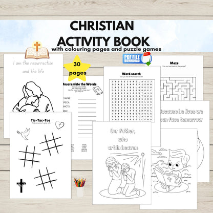 A printable Christian activity book for kids with colouring pages and bible puzzle worksheets.