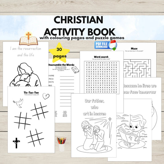 A printable Christian activity book for kids with colouring pages and bible puzzle worksheets.