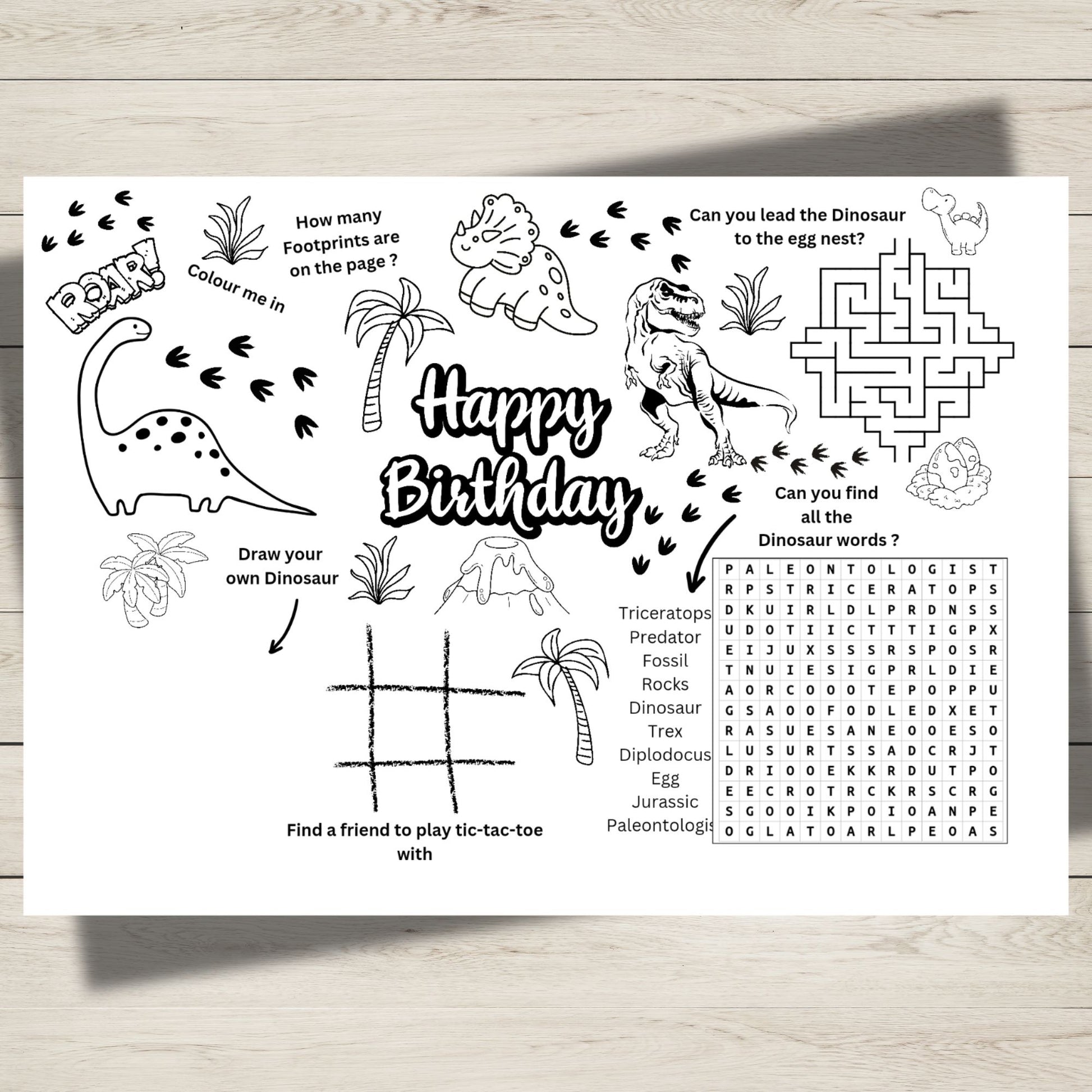 A printable dino birthday activity sheet for kids.