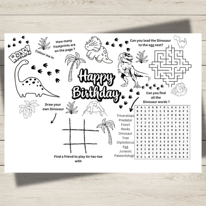 A printable dino birthday activity sheet for kids.