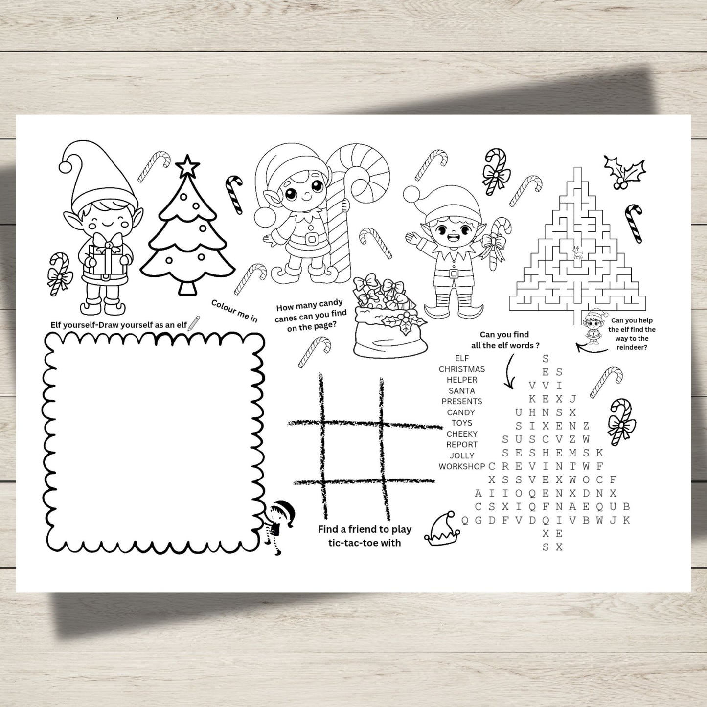 Educational children's worksheet with Christmas-themed activities on a wooden surface