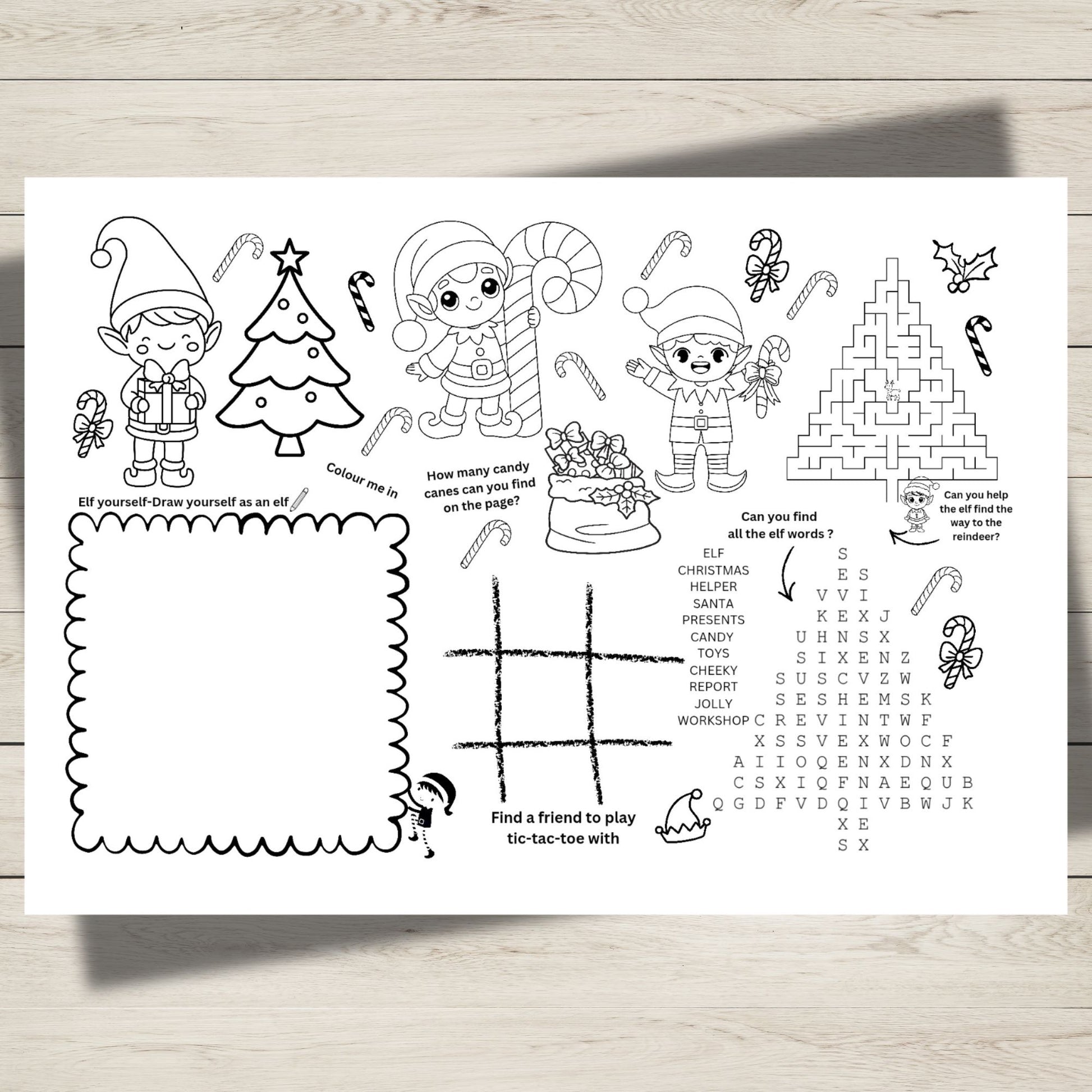 Educational children's worksheet with Christmas-themed activities on a wooden surface