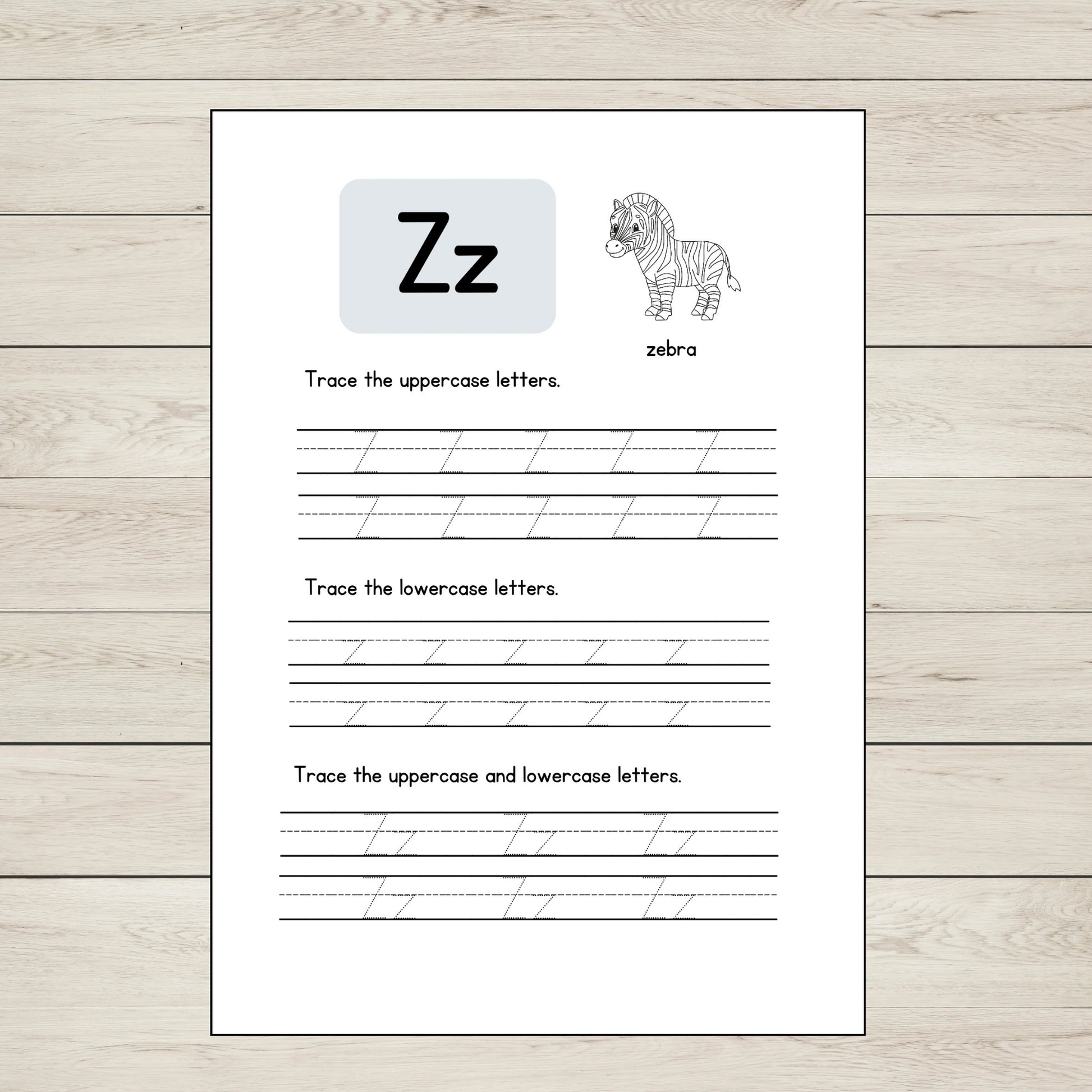 Worksheet for tracing uppercase and lowercase 'Z' letters with a zebra illustration. 