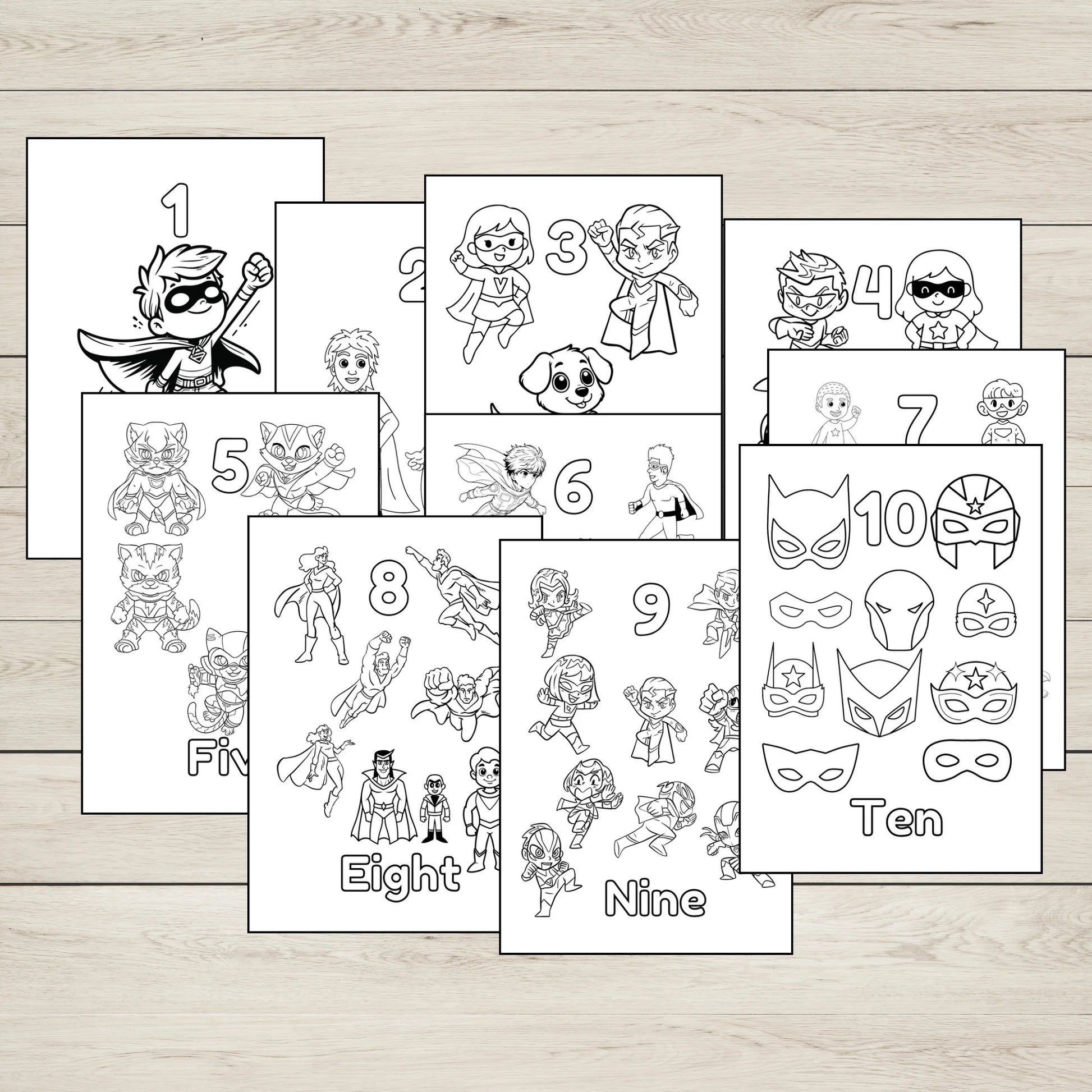 Superhero Numbers 1–10 Colouring Pages Printable for Kids.