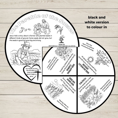 Printable parable of the sower bible story wheel black and white