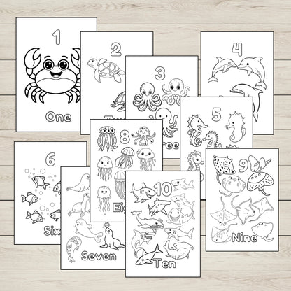 Set of ten coloring pages with numbers and sea creature illustrations on a wooden surface.