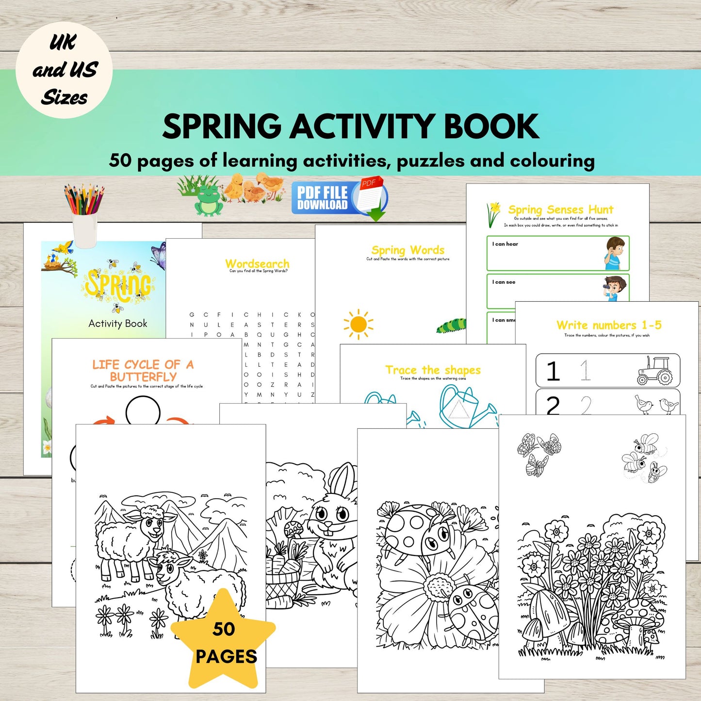 Spring activity book for kids with printable activities, puzzles and colouring pages. 