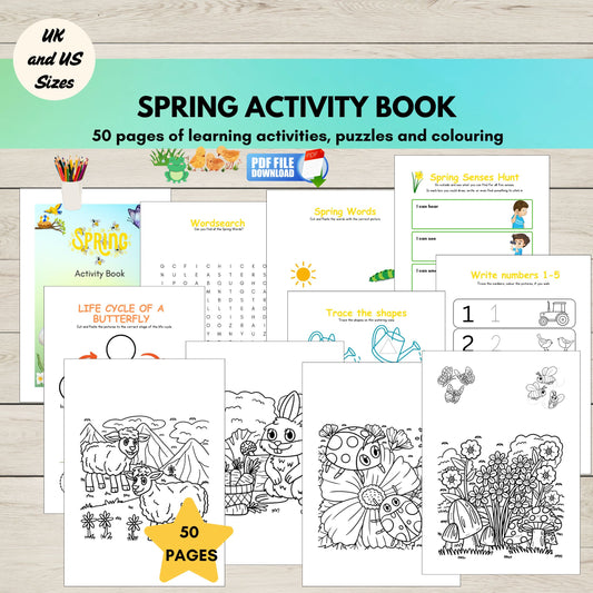 Spring activity book for kids with printable activities, puzzles and colouring pages. 