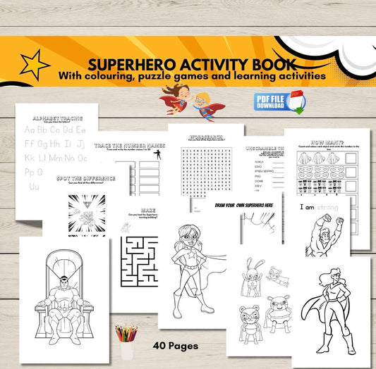 A superhero activity book for kids. With learning activities, puzzle games and colouring pages.