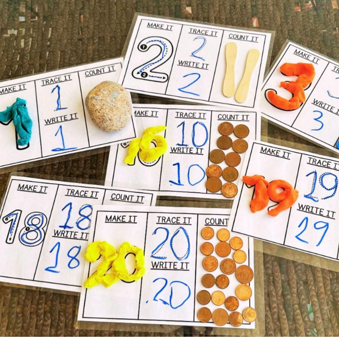 Printed number playdough mats for numbers 1 to 20. 