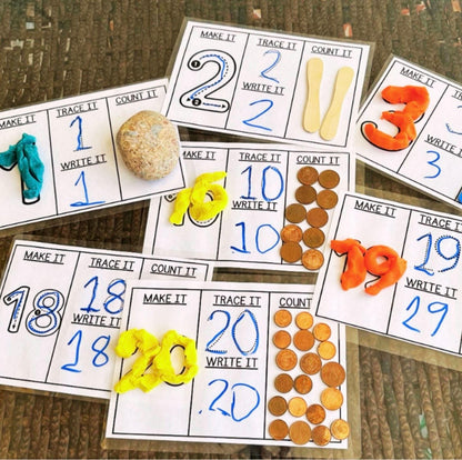 Printed number playdough mats for numbers 1 to 20. 