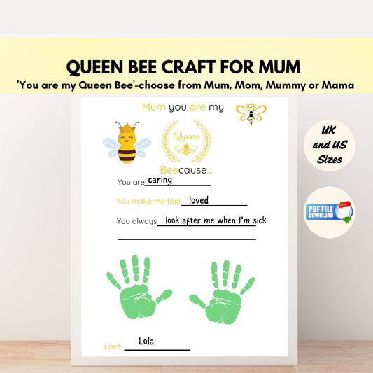 Craft template for making a 'Queen Bee' themed handprint craft for mum. 