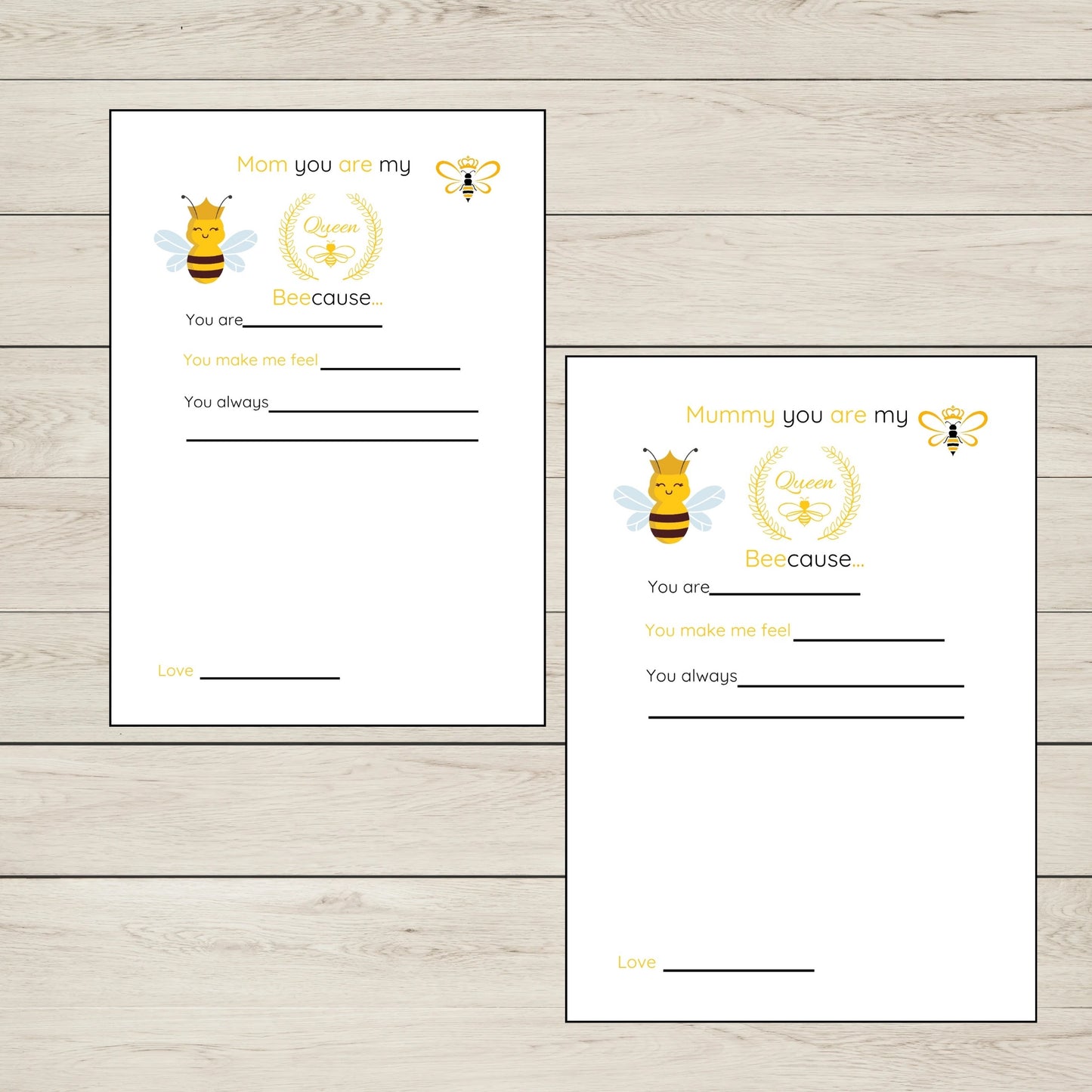 Two printed sheets with Queen Bee mum illustrations. 
