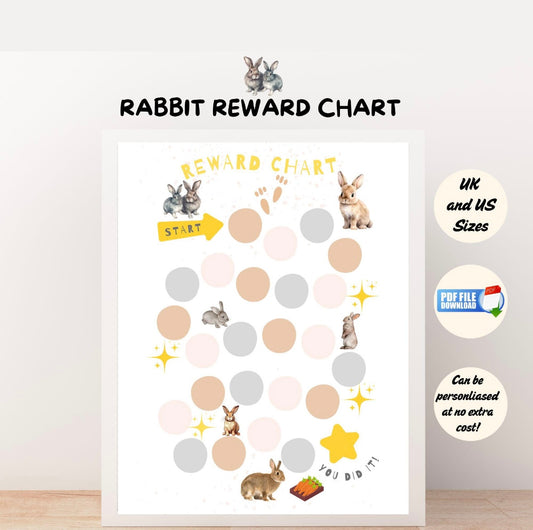 Printable Rabbit Reward Chart featuring a cute bunny design with spaces for tracking kids’ behaviour and chores using stickers or stars.