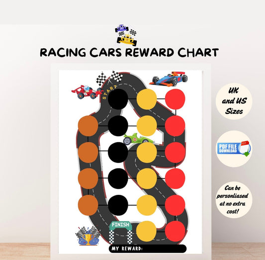 A behaviour reward chart printable PDF for kids with racing cars and track