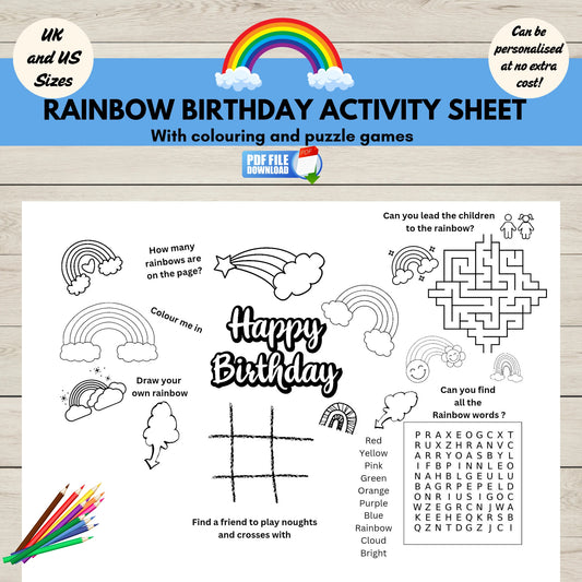 Printable rainbow birthday activity placemat for kids- colouring and games.