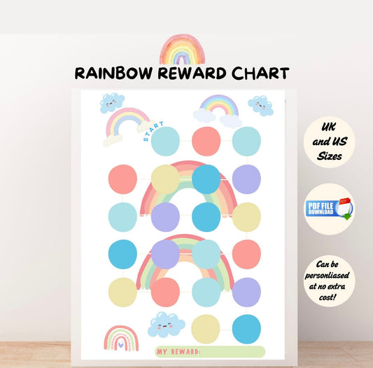 A printable PDF reward chart for kids with rainbows and clouds
